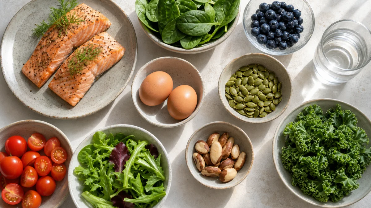 Stół z produktami zawierającymi cynk, selen, kwasy omega-3 i antyoksydanty oraz szklanką wody